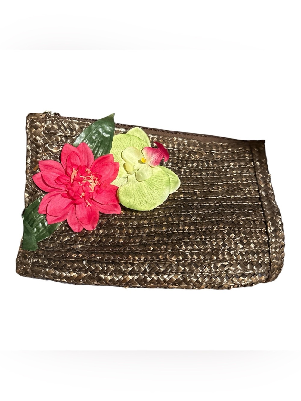 Woven Straw Clutch with Pink & Lime Floral Accent